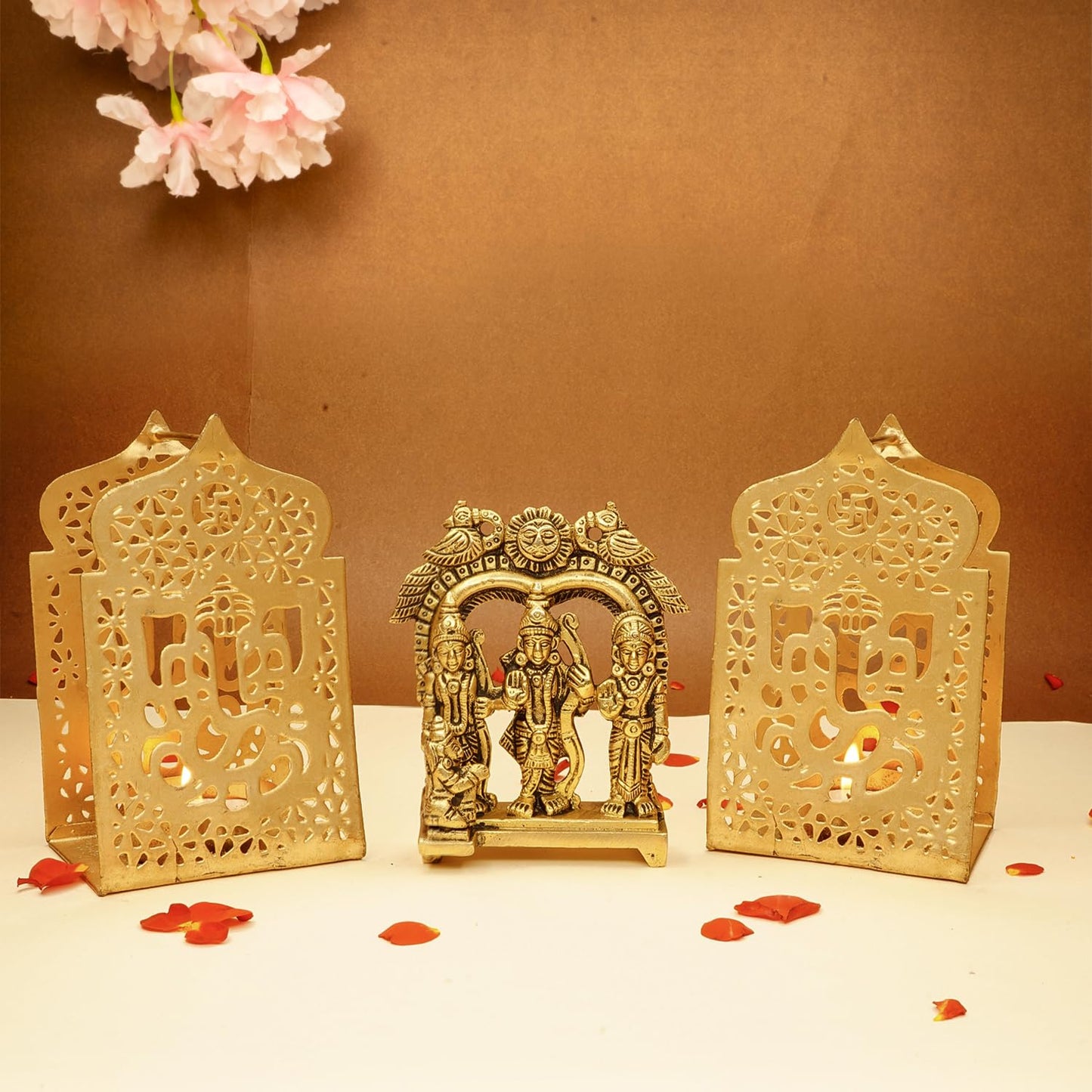 Combo: 100% Pure Brass Ram Darbar Murti & Tealight Candle Holder | 8.4 cm | For Home Decor | Gold