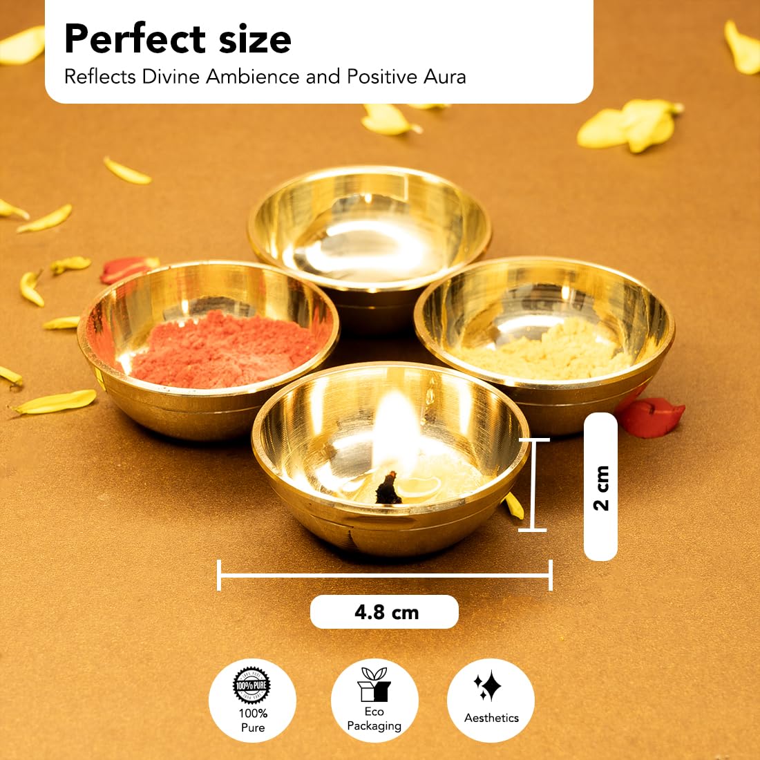 Ekhasa Pure Brass Katori for Pooja | Small Multipurpose Prasadam Bowls for Pooja | Katori for Prasad | Pooja Items Peetal Bowl (Set of 4) | Pital Diya Roli Chawal Kumkum Cups for Puja