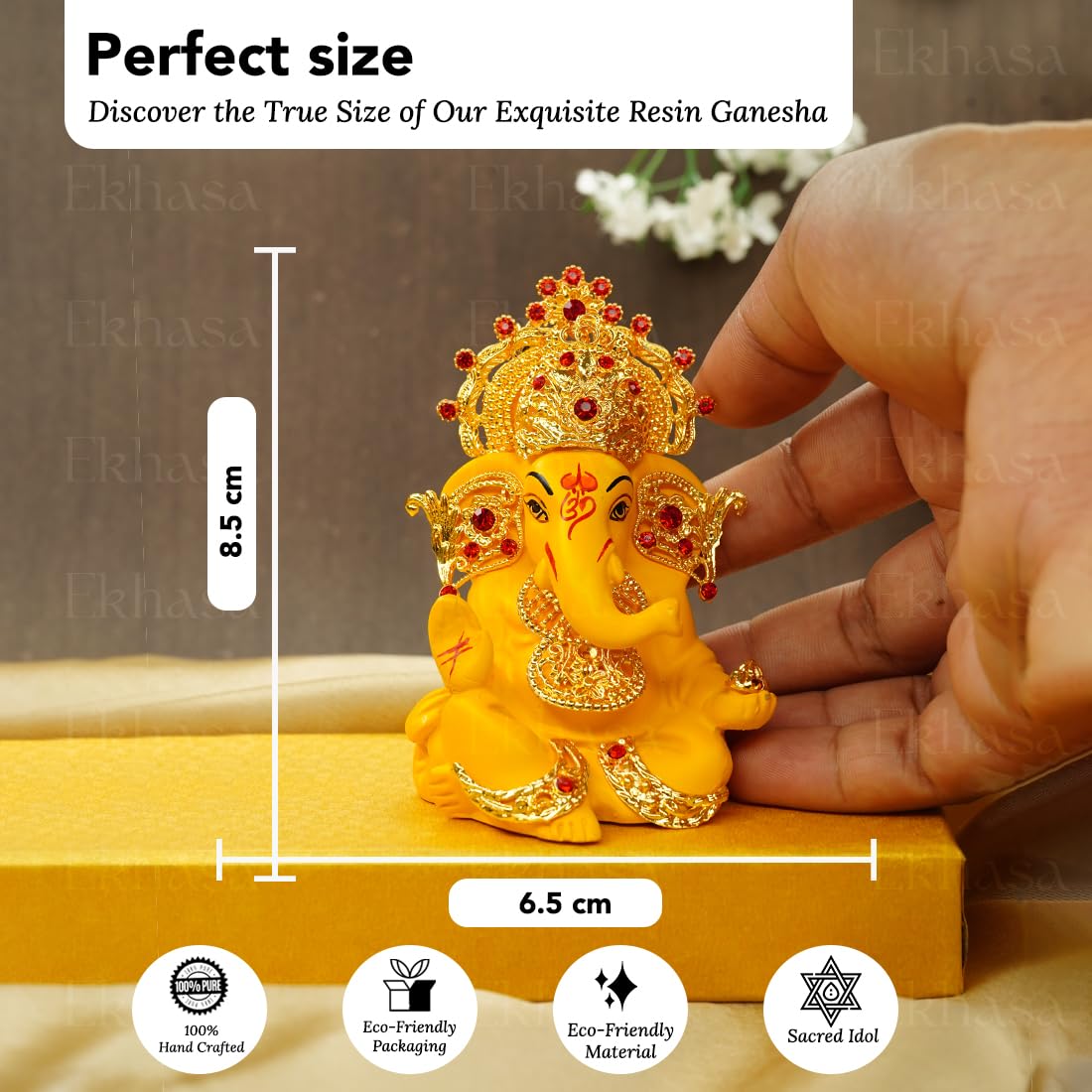 Ganesh Idol for Car Dashboard - Traditional Yellow Resin Statue | Standard Size | Home & Office Decor