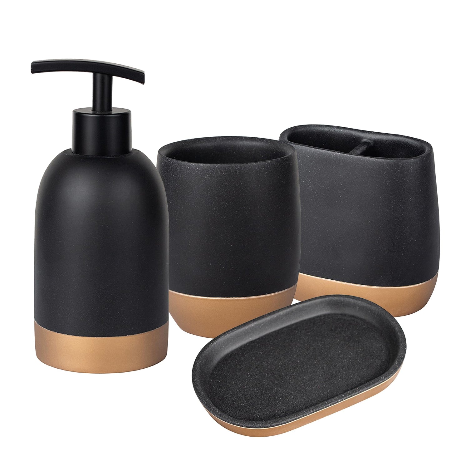 UMAI Polyresin 4-Piece Bathroom Accessories Set | Soap Holder for Bathroom | Liquid Soap Dispenser (250ml) | Tumbler | Toothbrush Holder | Moisture Resistant | Scratch Proof | Black-Golden