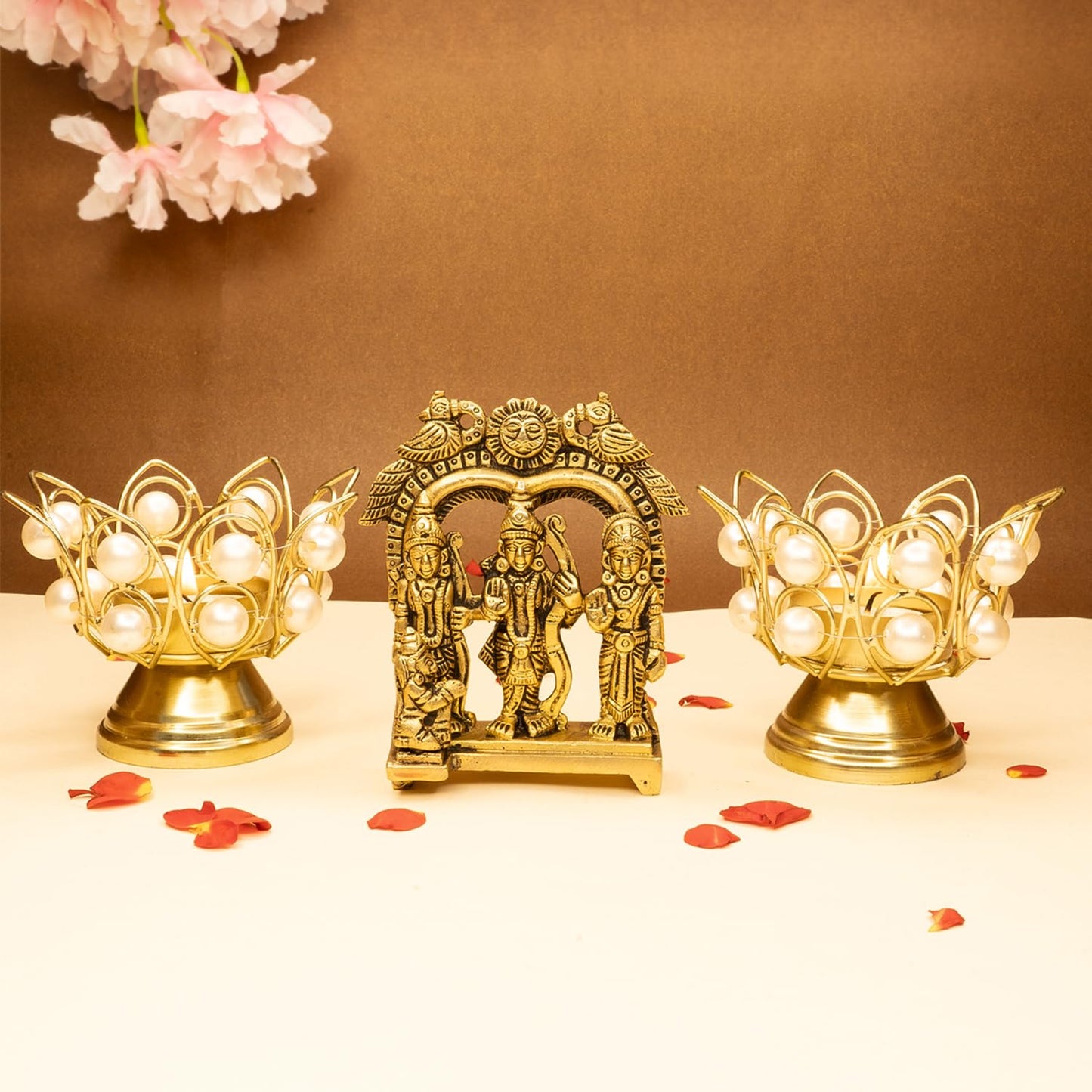 Combo: 100% Pure Brass Ram Darbar Murti & Tealight Candle Holder | Home Decor & Puja Room | Gold Finish