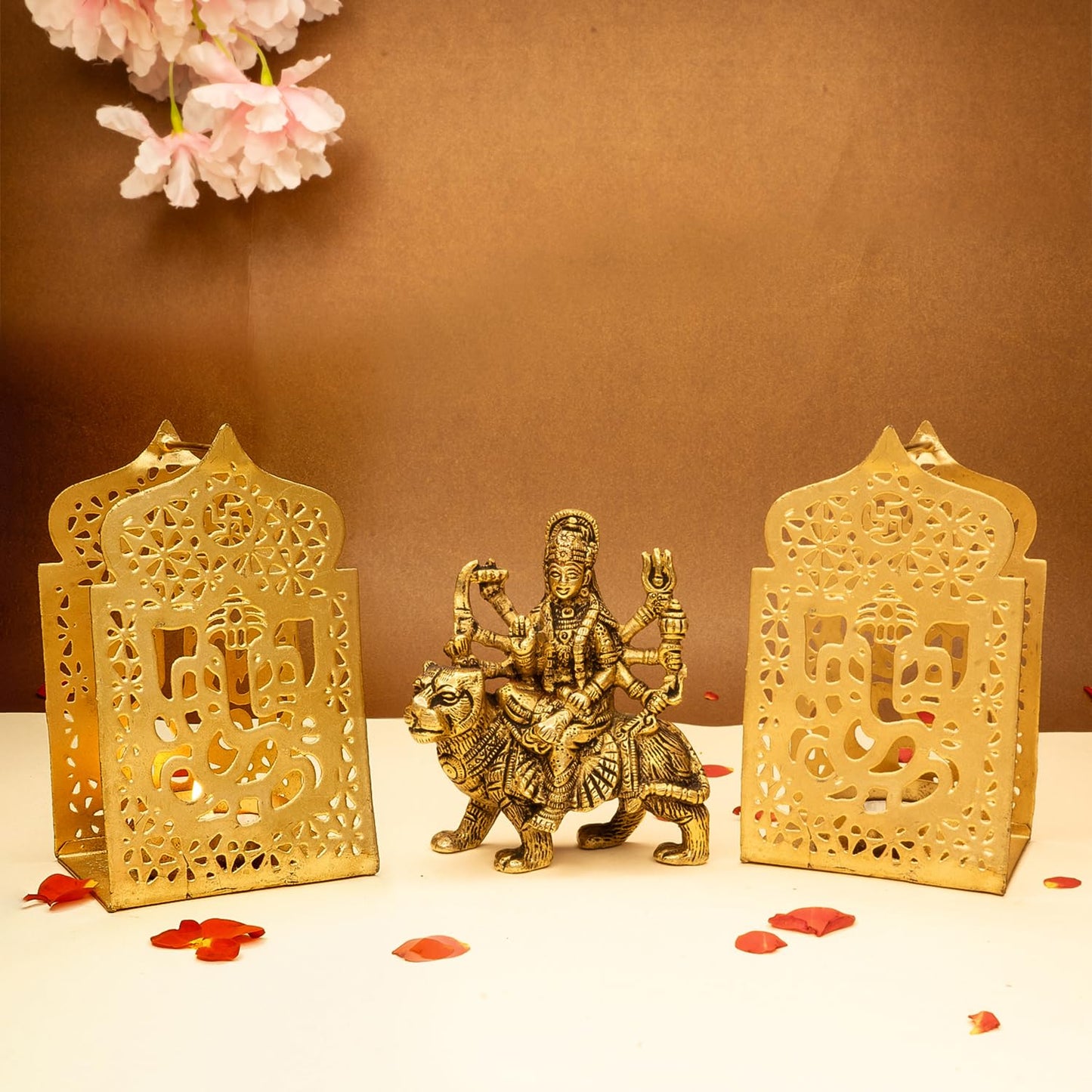 Combo: Pure Brass Durga Maa Idol & Tealight Holder | Home Decor, Puja | 8.4 cm | Golden Finish