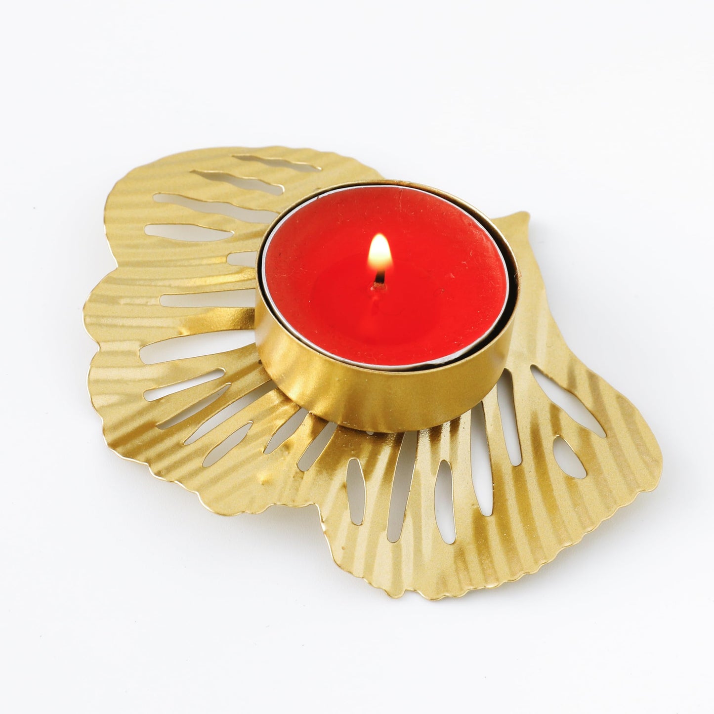 Tealight Candle Holder - Golden Leaf Shape, Powder Coated Metal | Ideal for Diwali Decoration | 8 x 10 x 8 CM