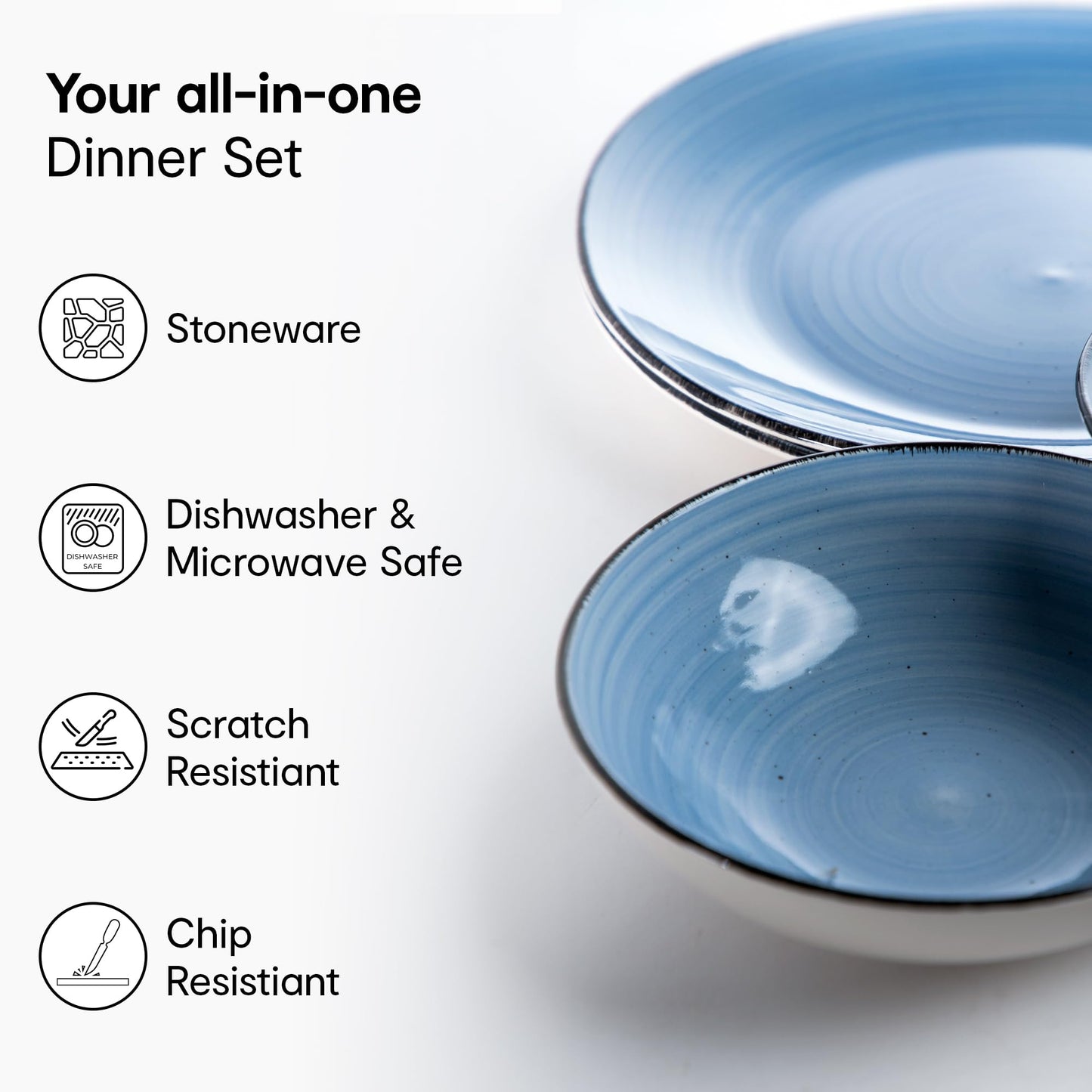 Combo: Stoneware Dinner Set with Microwave Safe Crockery | 4 Bowls, 4 Quarter Plates, 4 Dinner Plates | Blue