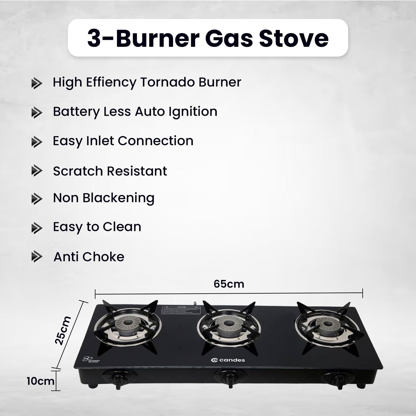 Gas Stove 3 Burners Auto Ignition with Toughened Glass & Tornado Burners | LPG Compatible | Black