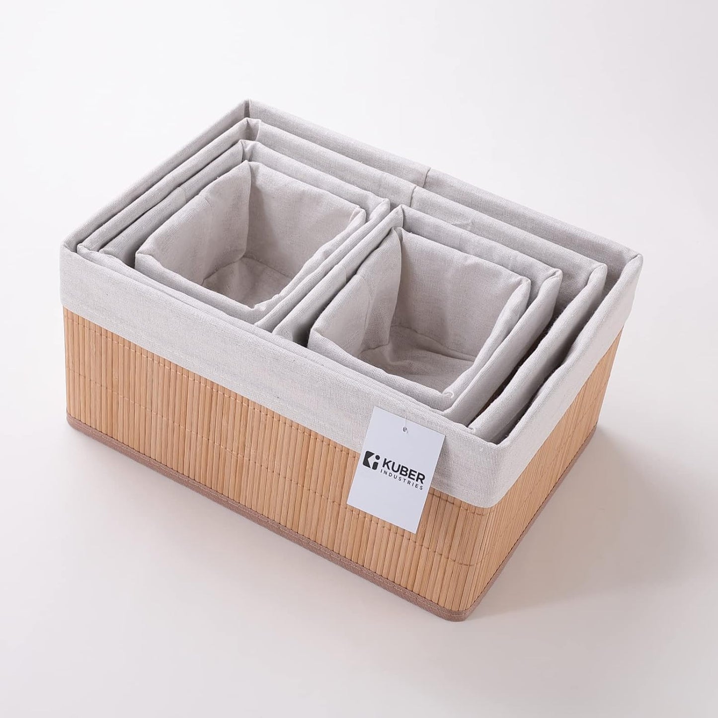 Pack of 12: Bamboo Storage Baskets - Foldable, With Liner | For Toiletries & Clothes | Capacity 14.9L-1.9L | Natural