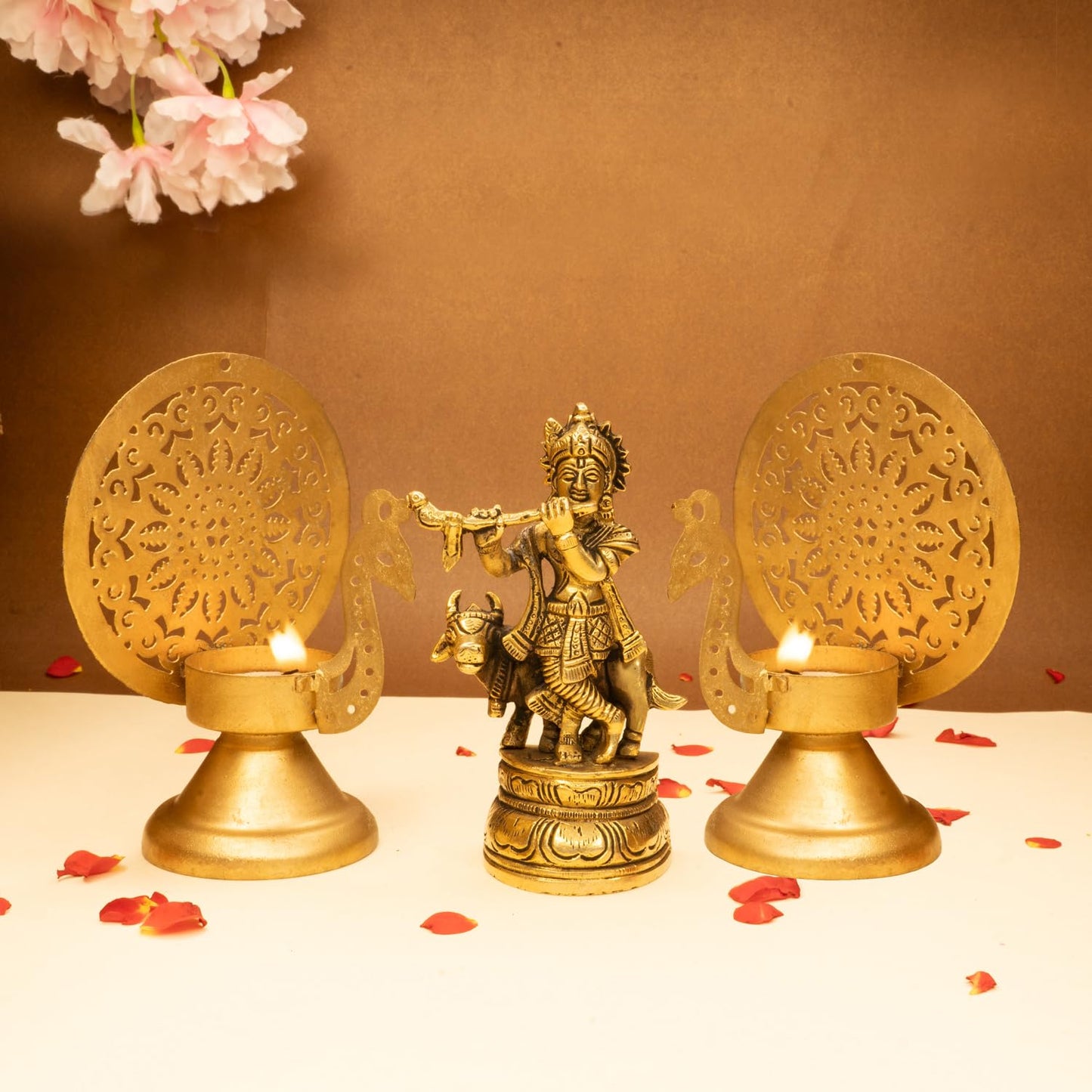 Combo: 100% Pure Brass Lord Krishna Idol with Flute & Tealight Holder | Decorative Home Office Decor | Size: 8.4 cm