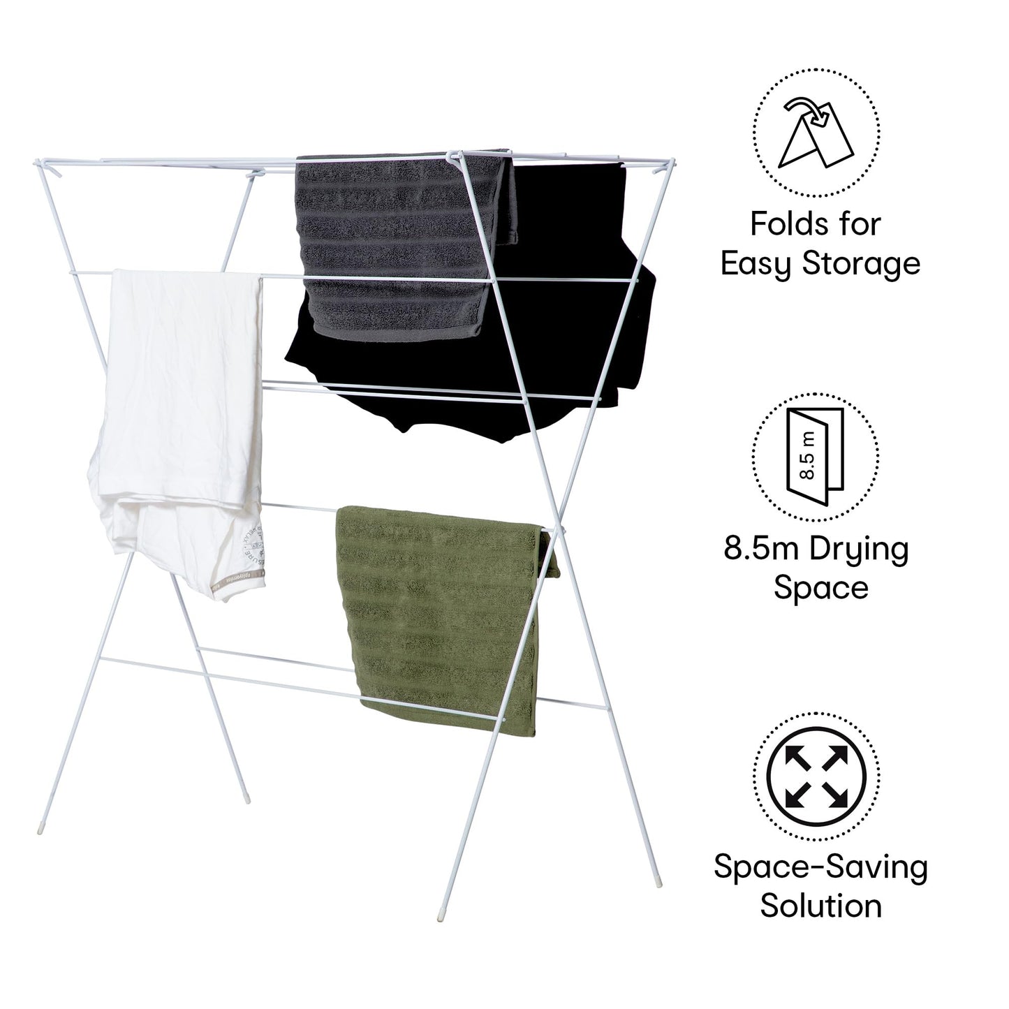 Anko 12 Rail Cloth Stand | Compact Laundry Cloth Drying Stand with Portable Dry Pulley System | Airer with Steel Rod for Cloth Hanging | Foldable Space-Saving Rack with 8.5m usable Length | White