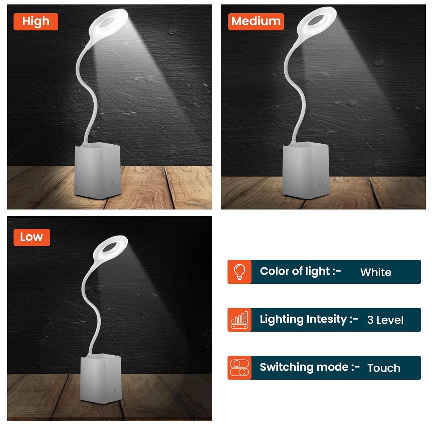 Kuber Industries Monochrome White Pencil Holder Lamp |Rechargeable Table Light with USB|Battery Capacity 1200mAh-Pack of 2 (White)