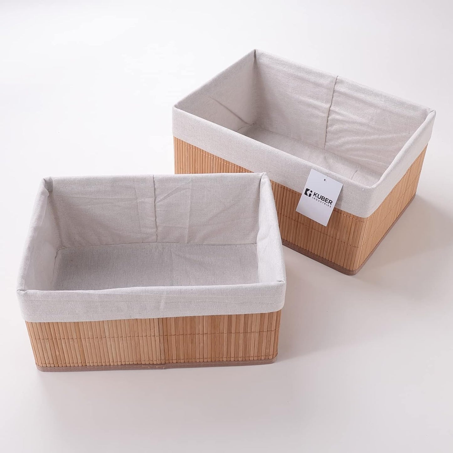 Pack of 6: Bamboo Storage Baskets with Liner | Foldable Organizers for Toiletries | Sizes: 14.9L-1.9L | Natural