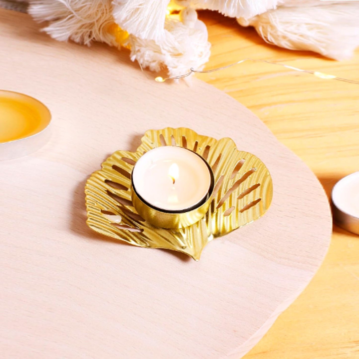 Tealight Candle Holder - Golden Leaf Shape, Powder Coated Metal | Ideal for Diwali Decoration | 8 x 10 x 8 CM