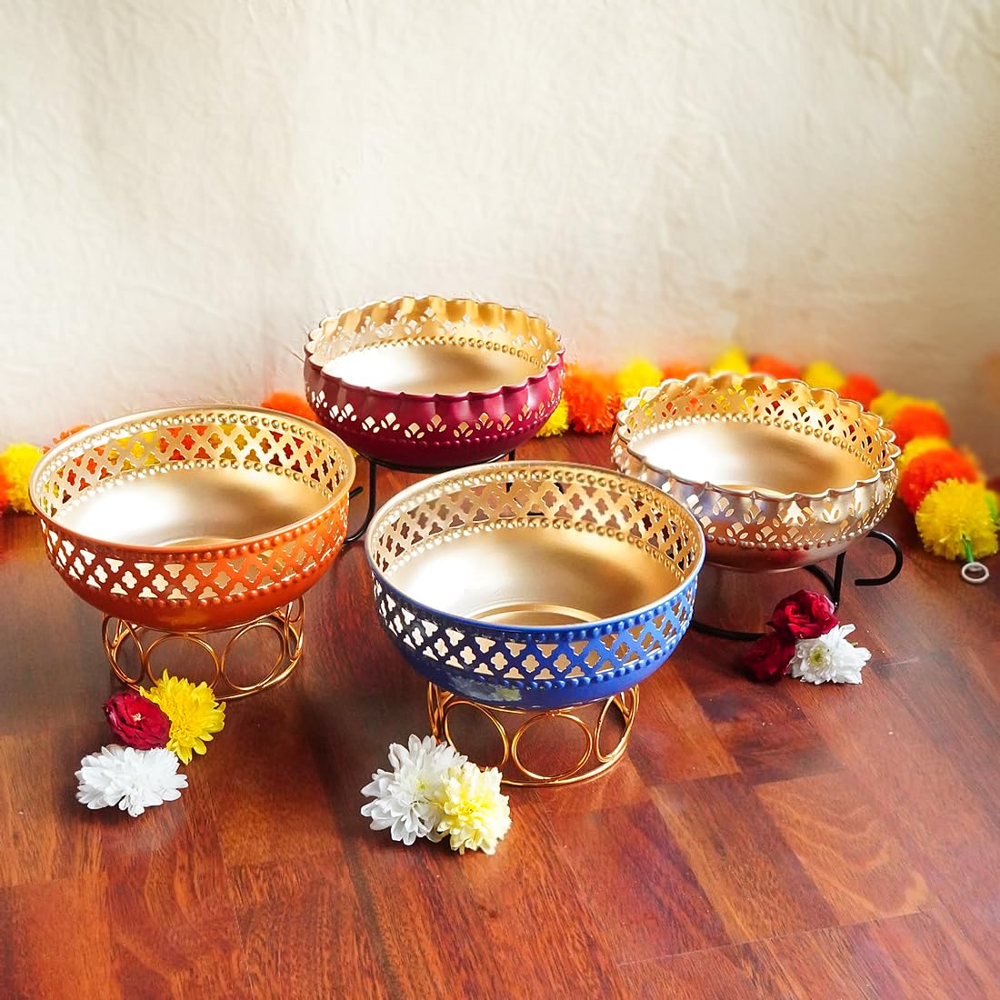 Ekhasa Orange Urli Bowl with Stand for Home Decor & Table Decoration | Floating Flowers, Tealight Candles Water Bowl for Diwali Pooja & Other Festivals | Gift for Various Occasions