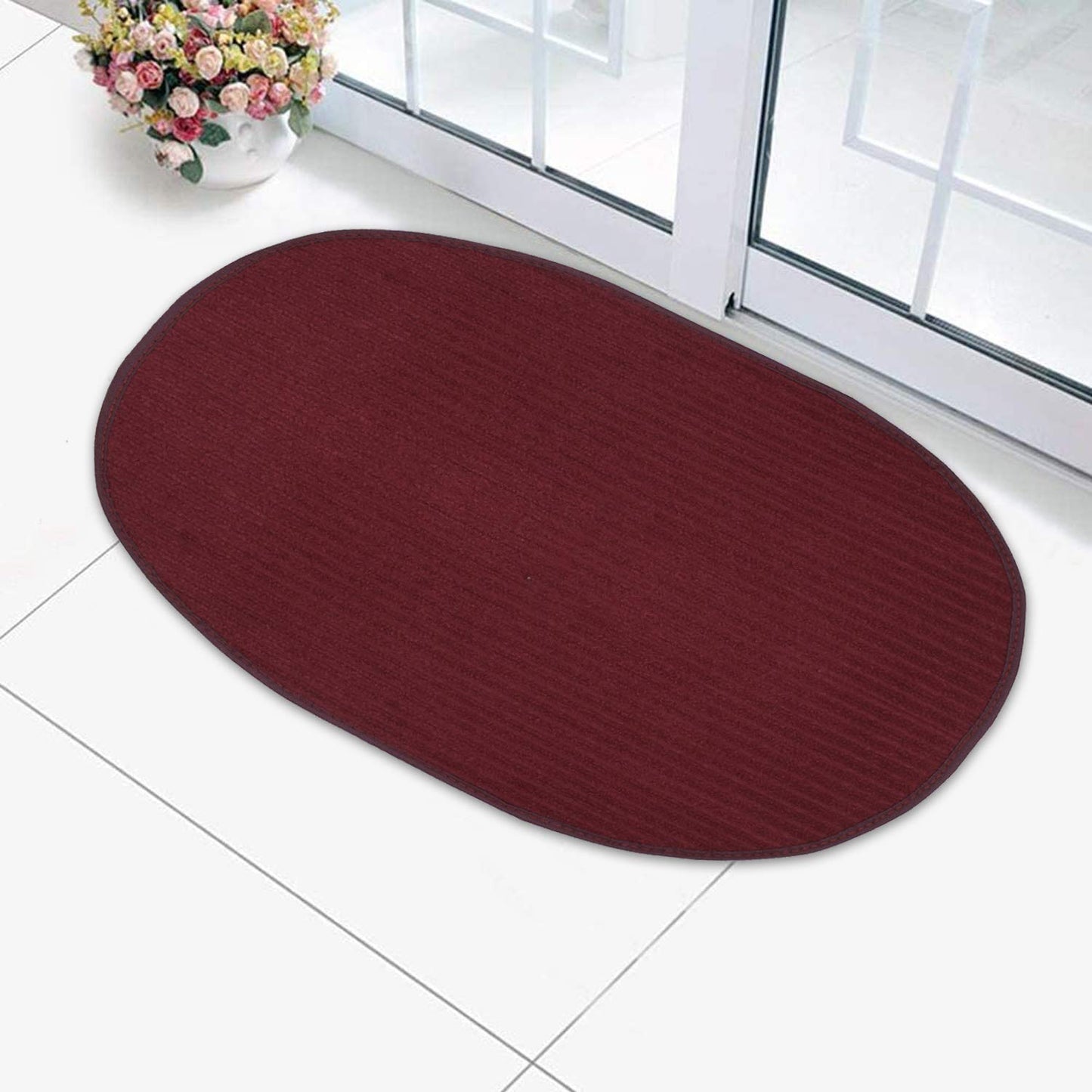 Kuber Industries Oval Shape Durable Microfiber Door Mat, Heavy Duty Doormat, Indoor Outdoor(Set of 2, 14'' x 23'', Maroon)-KUBMART12069