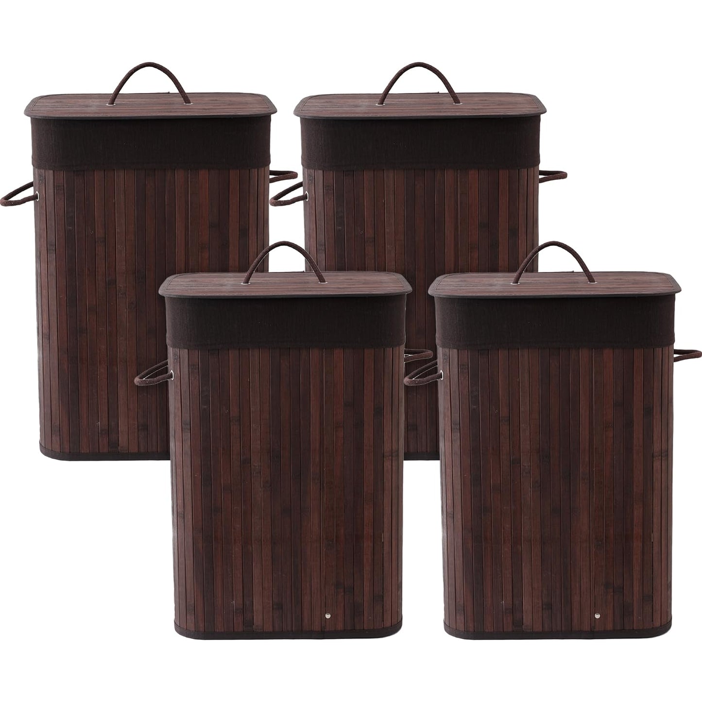 Kuber Industries Bamboo Basket With Lid|Foldable Laundry Basket For Clothes|Durable Rope Handles & Removable Bag|Pack Of 4|Dark Brown