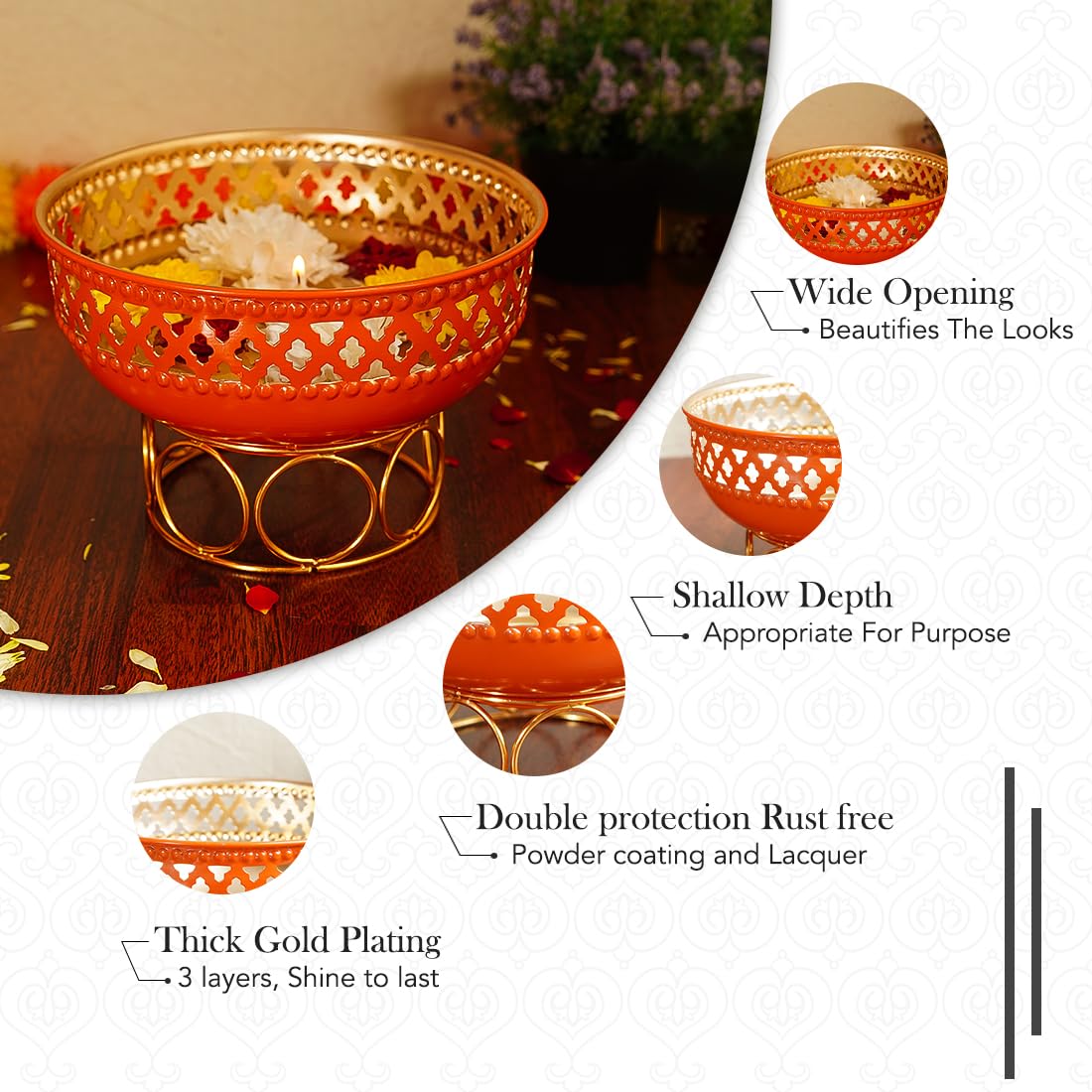 Ekhasa Orange Urli Bowl with Stand for Home Decor & Table Decoration | Floating Flowers, Tealight Candles Water Bowl for Diwali Pooja & Other Festivals | Gift for Various Occasions