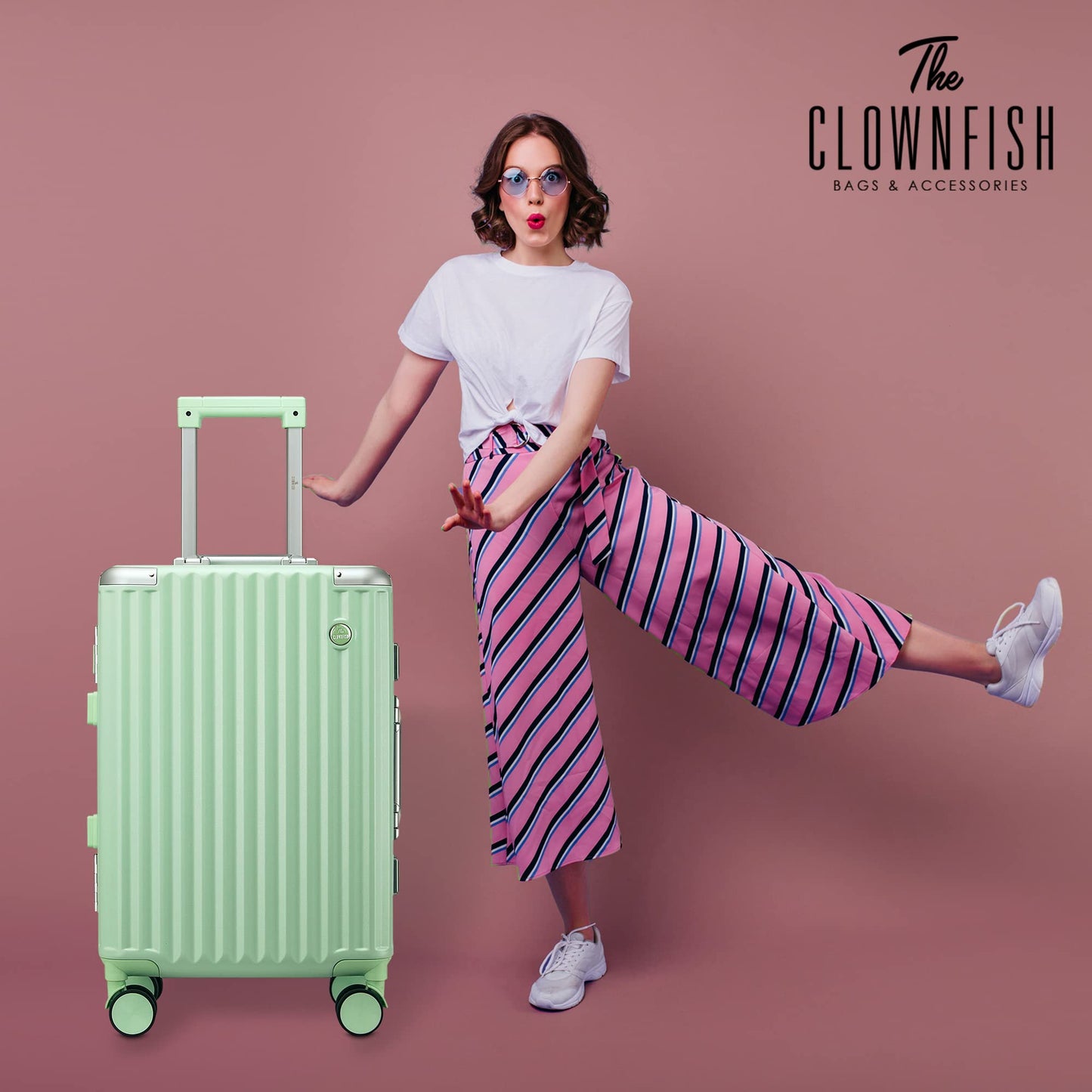 THE CLOWNFISH Stark Series Luggage PolyCarbonate Hard Case Suitcase Eight Wheel Trolley Bag with Double TSA Locks- Pistachio Green (Small size, 57 cm-22 inch)