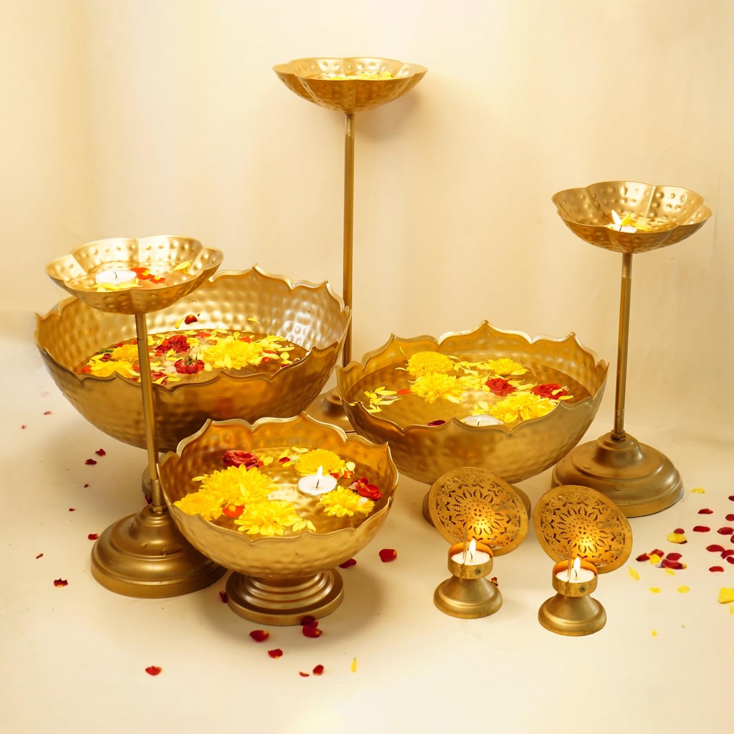 Combo: Taj Urli Bowl Stand & Tealight Holder for Home Decor | 3 Bowls, 3 Stands, 2 Holders | | Decorative Items