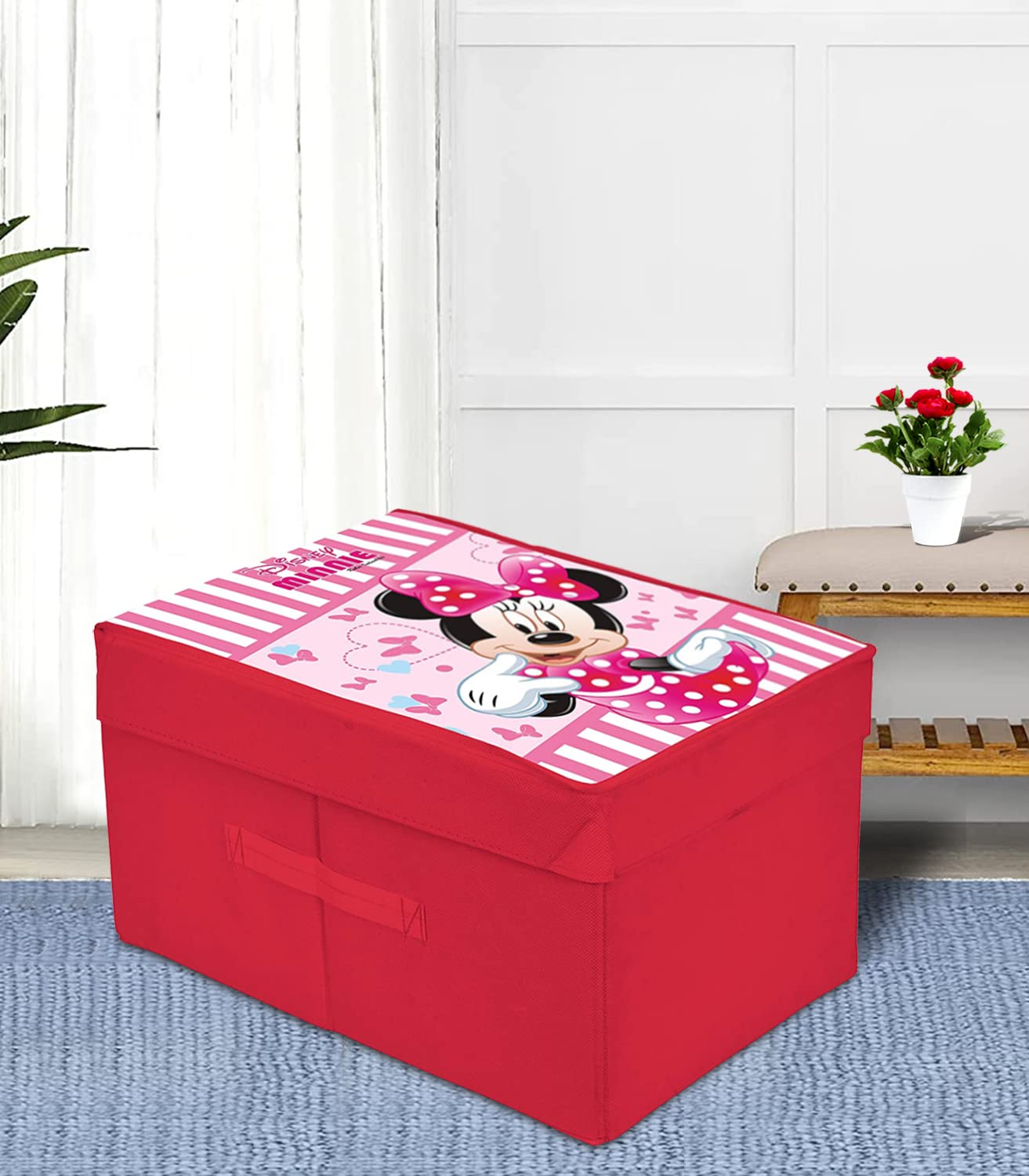 Pack of 2: Minnie Printed Multi-Utility Organizer | 2 Compartments | Foldable | Pink Cotton Storage Box