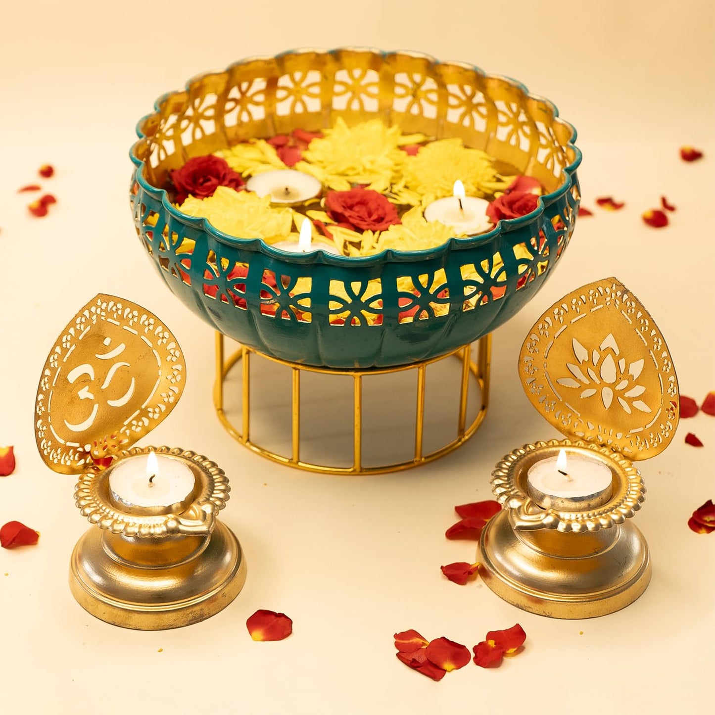 Ekhasa Green Urli Bowl with Stand & Tealight Holder for Home Decor, Table Decoration | Floating Flowers, Tealight Candles Water Bowl for Diwali Pooja & Other Festivals | (Combo)