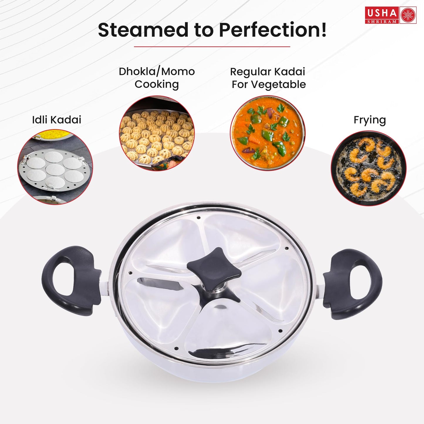 USHA SHRIRAM Stainless Steel Idli Cooker Kadai (3 Plate) | 2 Triangle Idli Plates (20 Idlis), 1 Momo/Idiyappam Plates | Idly Maker Momo Steamer | Multi Kadai for Idli, Dhokla,Mini Idlies, Modaks