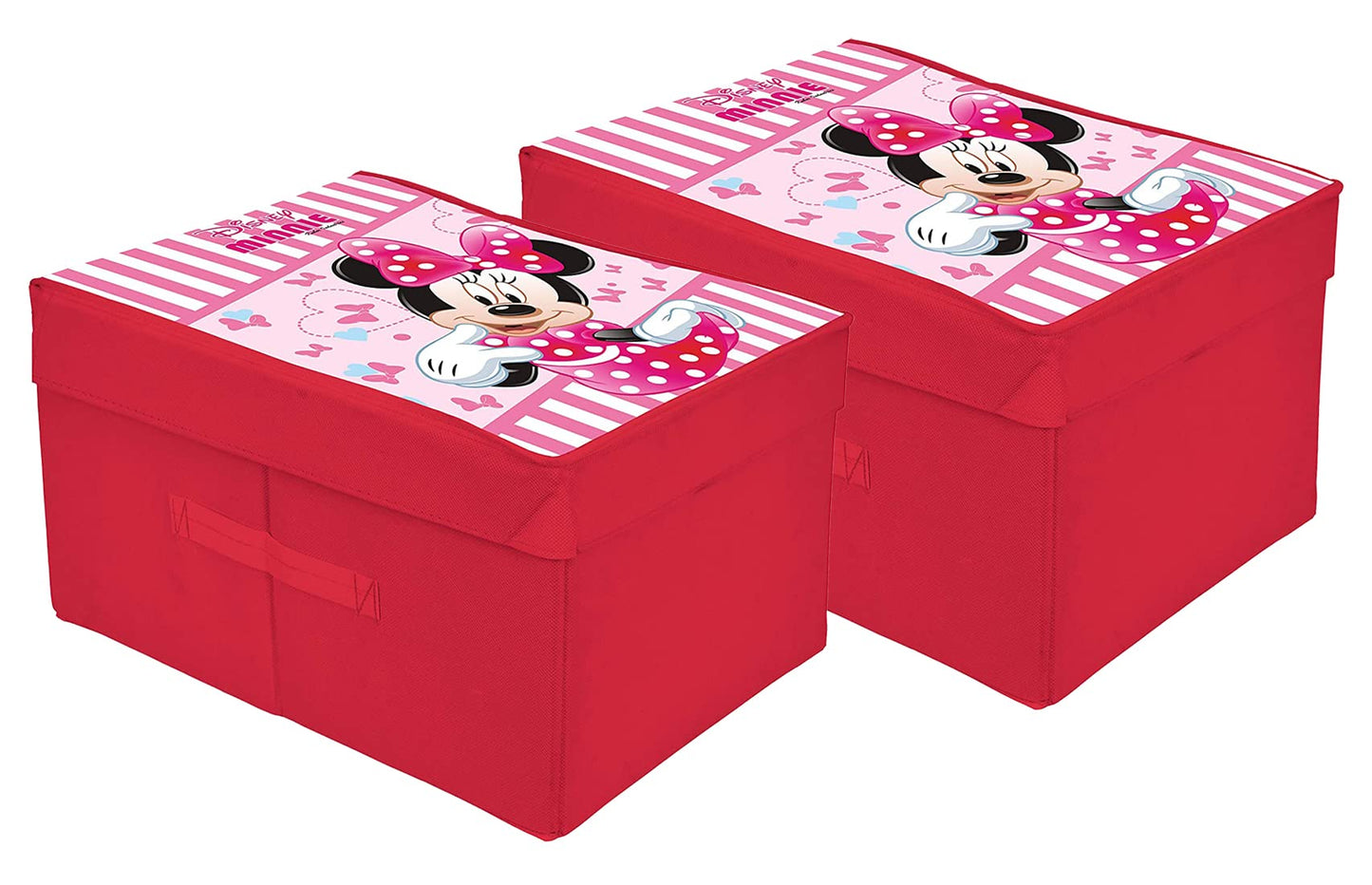 Pack of 2: Minnie Printed Multi-Utility Organizer | 2 Compartments | Foldable | Pink Cotton Storage Box