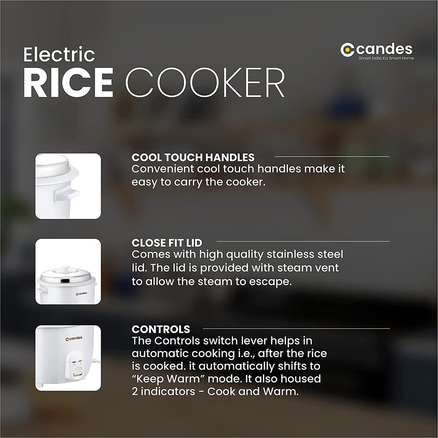 Candes Aroma Electric Easy Cook 1.8 liters Automatic Rice Cooker with 1 Measuring cup and Spatula (1 Year Warranty, 700W) (White)