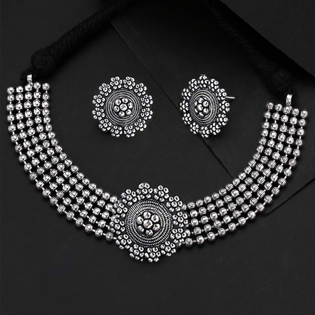 Yellow Chimes Oxidised Silver Choker Necklace Set - Traditional Wear