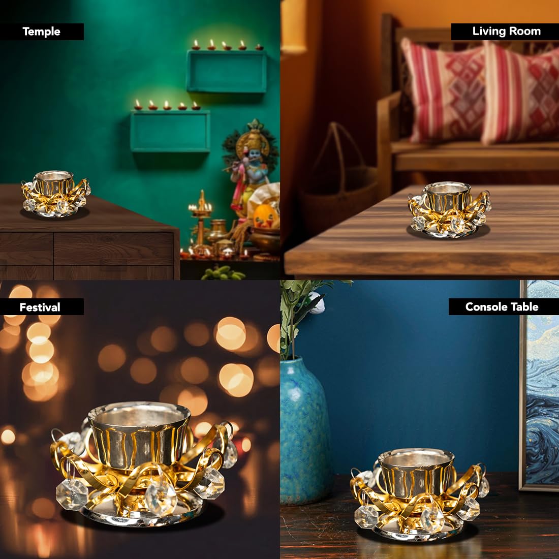 Combo: 100% Pure Brass Lakshmi Devi Idol & Tealight Candle Holder | Pooja Room, Home Decor | 8.4 CM | Gold