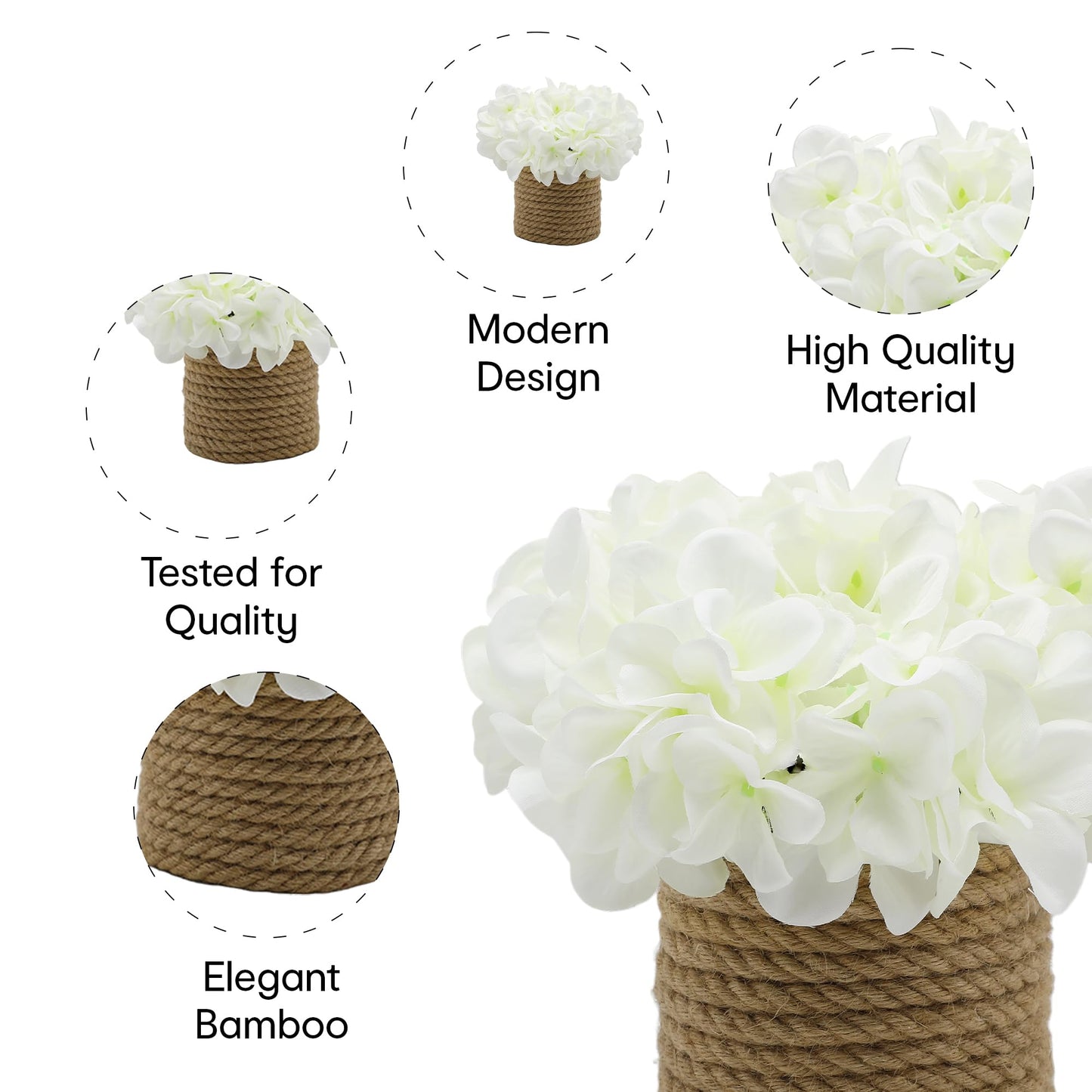 Anko Polyester Artificial Hydrangea Flower With Rope Vase 20Cm X 22Cm X 17Cm Garden-Inspired Aesthetics Showpiece For Home Decor,Office Desk,Bedroom,Balcony,Living Room,Table Top Decorative tem