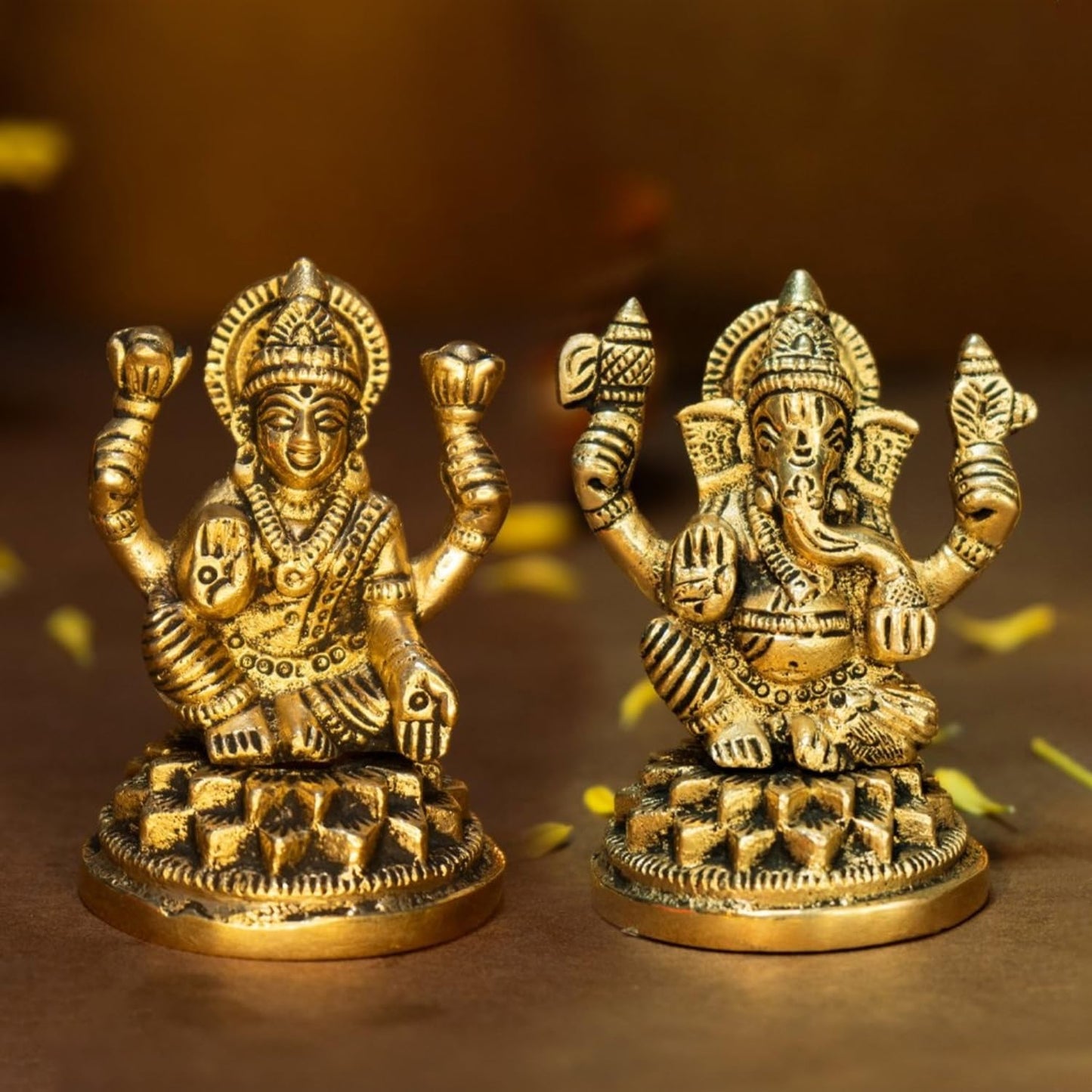 Combo: Brass Ganesh Lakshmi Idol - Pure Pital for Pooja, Home Decor, Office & Car | Size: 7 inches | Gold