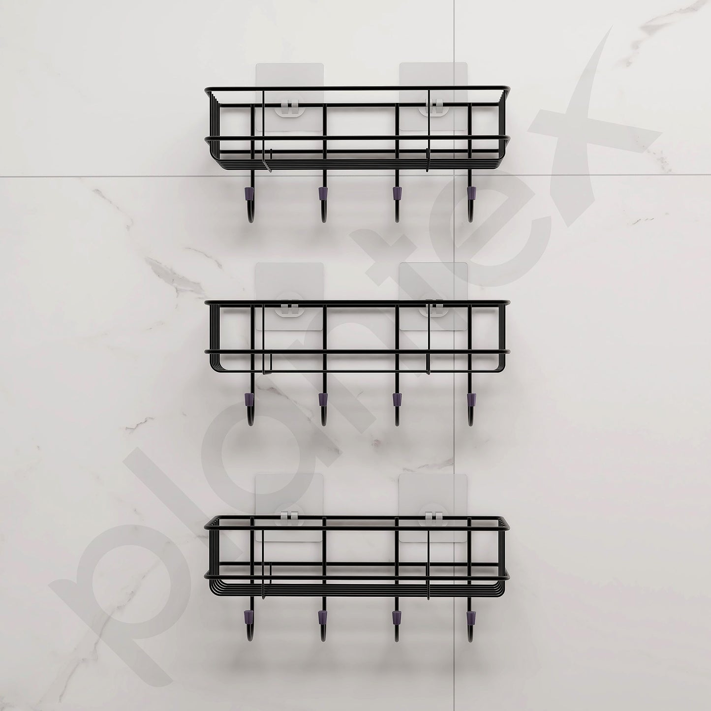 Bathroom Shelf with Hooks & Towel Holder | Includes 3 Shelves & 6 Adhesive Stickers | Black | Wall Mounted