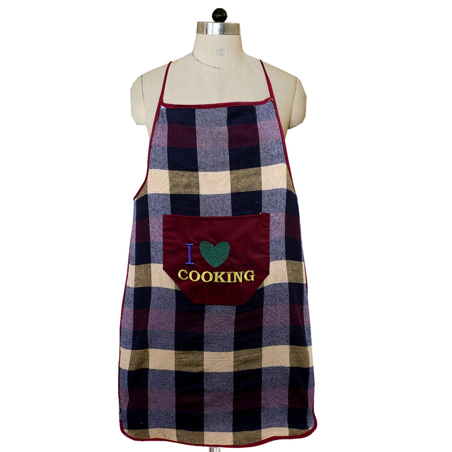 Pack of 2: Cotton Checkered Kitchen Aprons - Waterproof, Front Pocket | Standard Size | Maroon & Black