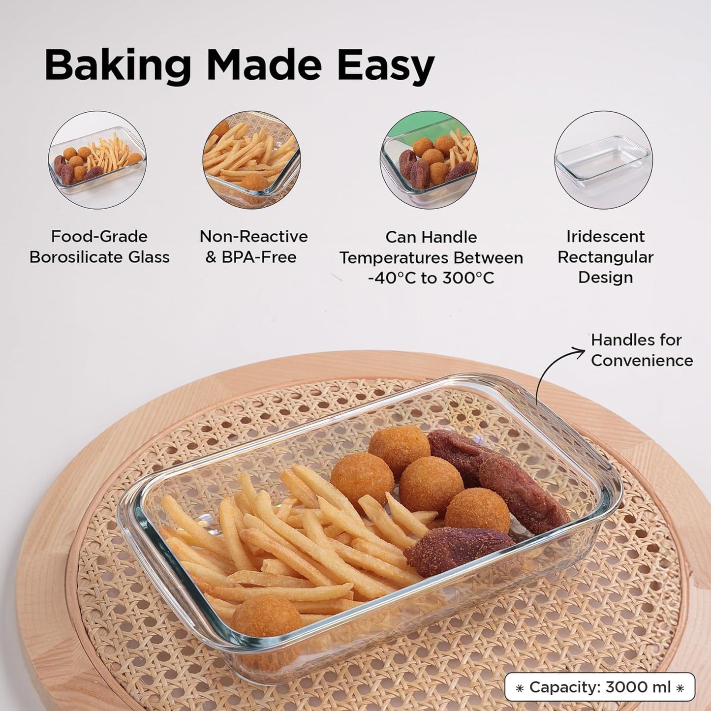 Kuber Industries 3000 ml Borosilicate Glass Baking Tray | Transparent Microwave Oven Safe Utensils | Rectangular Bread Moulds for Baking | Dishwasher & Freezer Safe | Multipurpose use Serving Tray