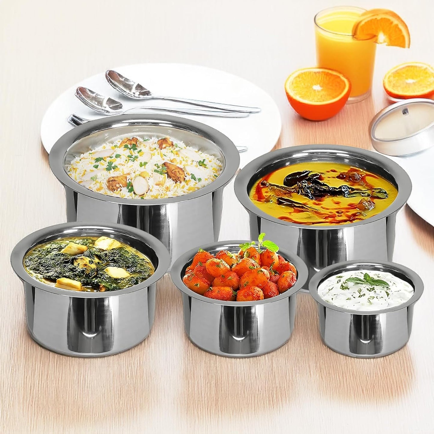 SAVYA HOME Stainless Steel Tope Set without Lid | Food Grade Stainless Steel, Durable & Wobble Free Base | Flat Bottom | Suitable for Gas Stove, High & Low Flame Heating | Kitchen Tope Set of 5