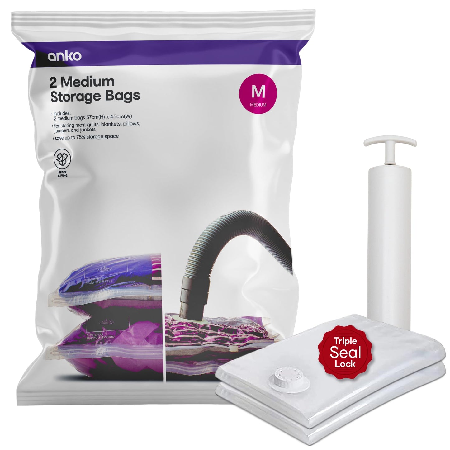 Combo: Set of 2 Medium Size Vacuum Storage Bags - Thick, Reusable | Free Pump Included | 23cm x 4.5cm | White