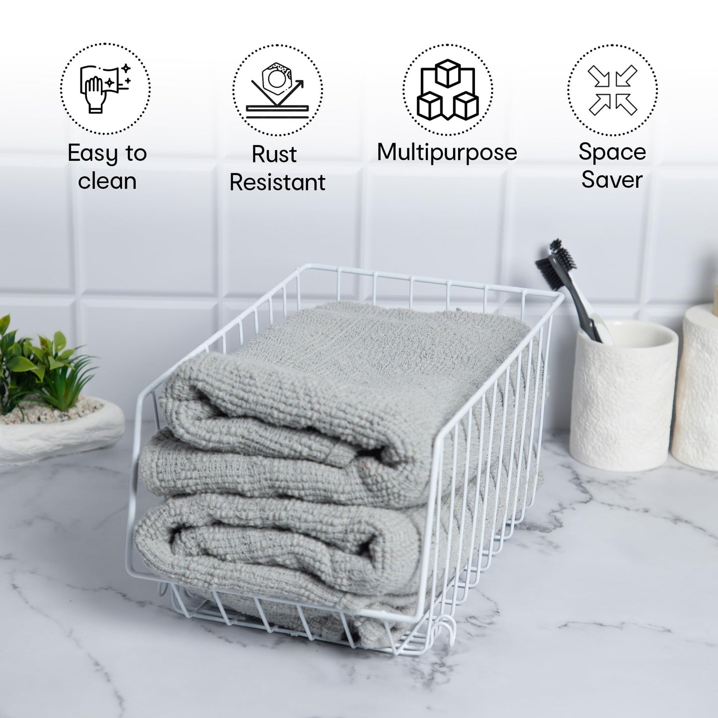 Anko Stackable Kitchen Wire Basket | Metal Mesh Food Storage Bin for Fruits, Books, Papers | Versatile Organizer for Kitchen, Bathroom, Laundry, Garage Room | White, 17Cm (H) X 21.5Cm (W) X 33Cm (D)