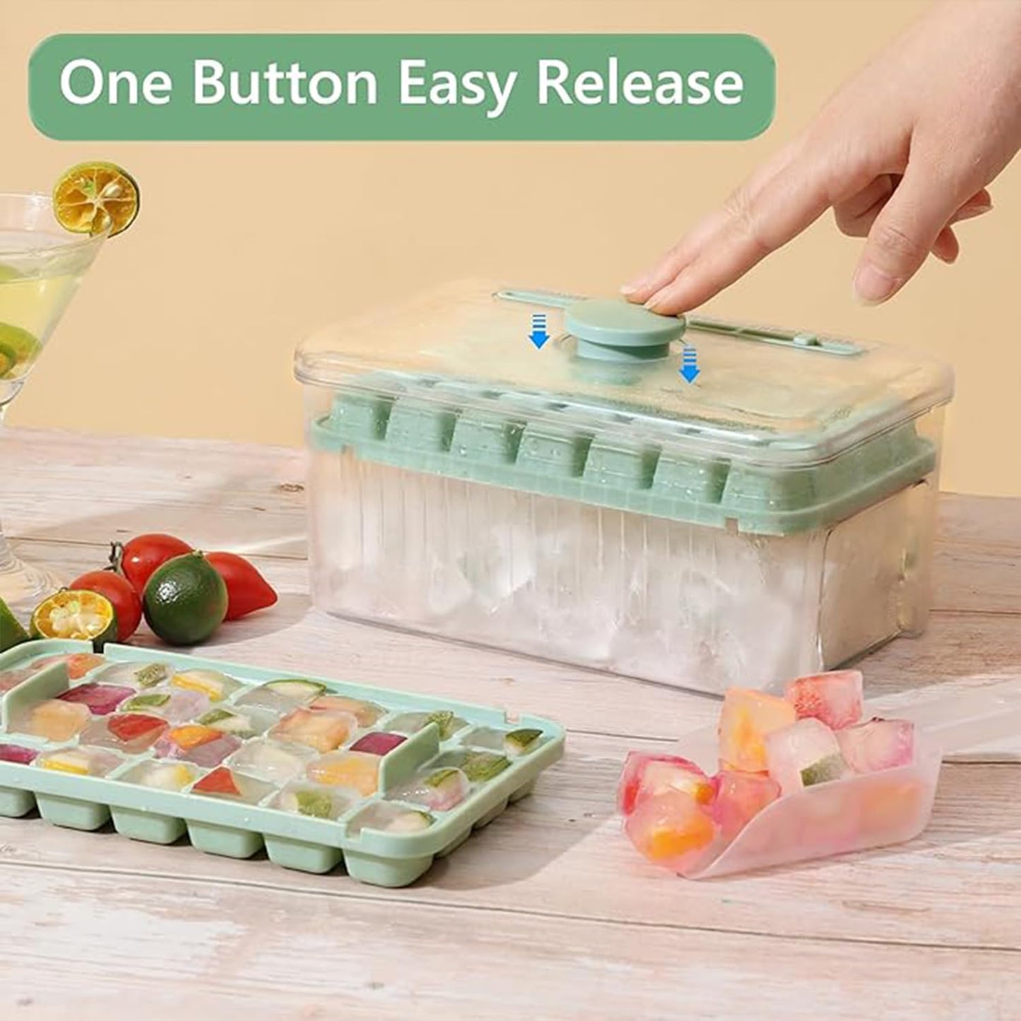 Kuber Industries Pack of 2| 2 Layer Ice Cube Tray with Lid | Ice Cube Storage Box with Ice Scoop | 56 Ice Cube Molds for Freezing | One-Press Demolding | BPA Free | Green