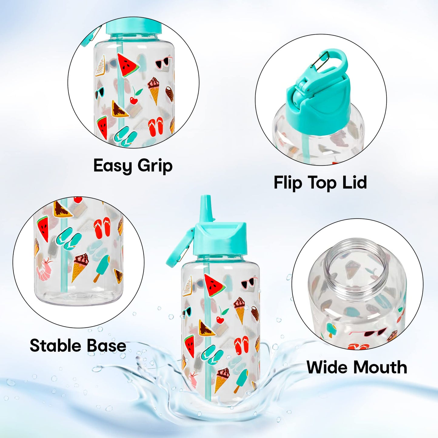 1 L Non-Toxic Plastic Sipper Water Bottle - Leak Proof, Flip-Top Spout & Straw | BPA-Free | Fruits Print