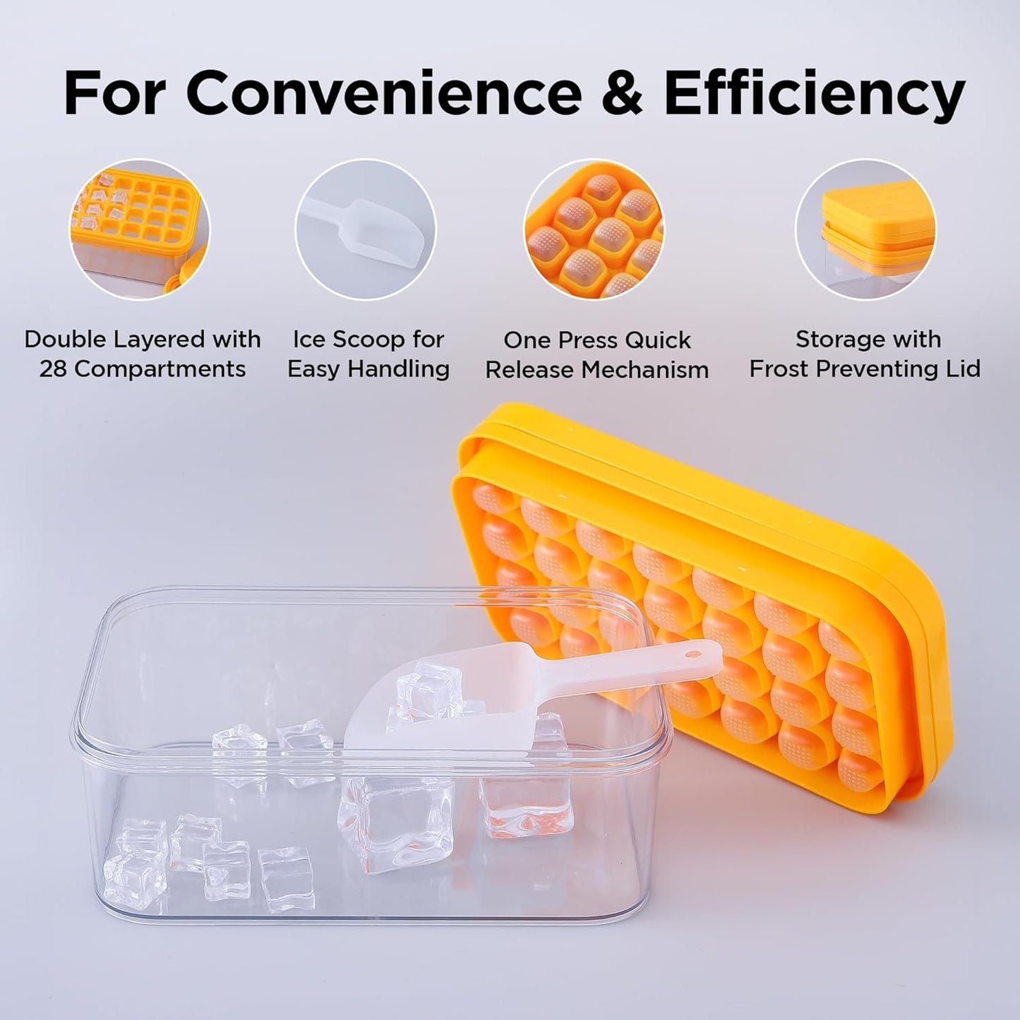 Kuber Industries 2 Layer Ice Cube Trays with Storage Box & Ice Scoop | 56 Compartments | One Press Demolding | Ice Cubes for Whiskey Cocktails Mocktails Soft Drinks | BPA Free | Orange