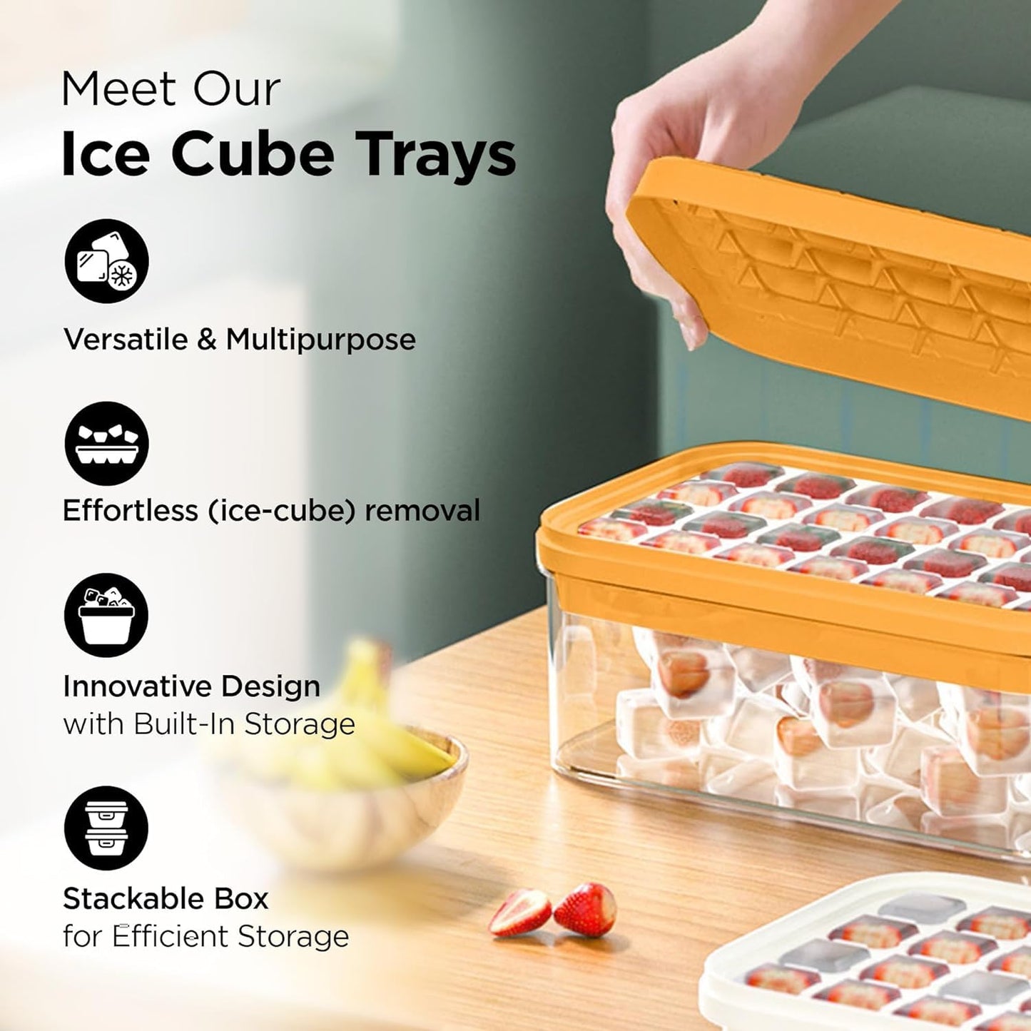 Kuber Industries 2 Layer Ice Cube Trays with Storage Box & Ice Scoop | 56 Compartments | One Press Demolding | Ice Cubes for Whiskey Cocktails Mocktails Soft Drinks | BPA Free | Orange