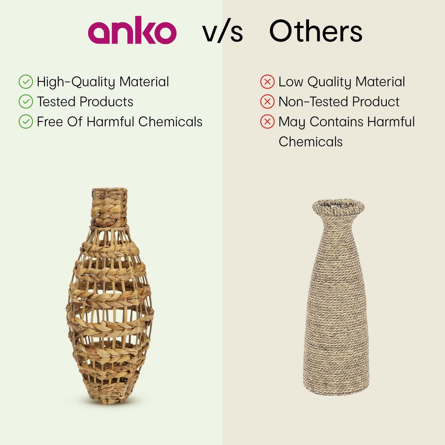 Anko Rattan & Water Hyacinth Grass Flower Vases for Home Decor | Flower Vase for Living Room, Bedroom, Office | Show Pieces for Home Decor, Houswarming Gifts for New Home | 45x18cm