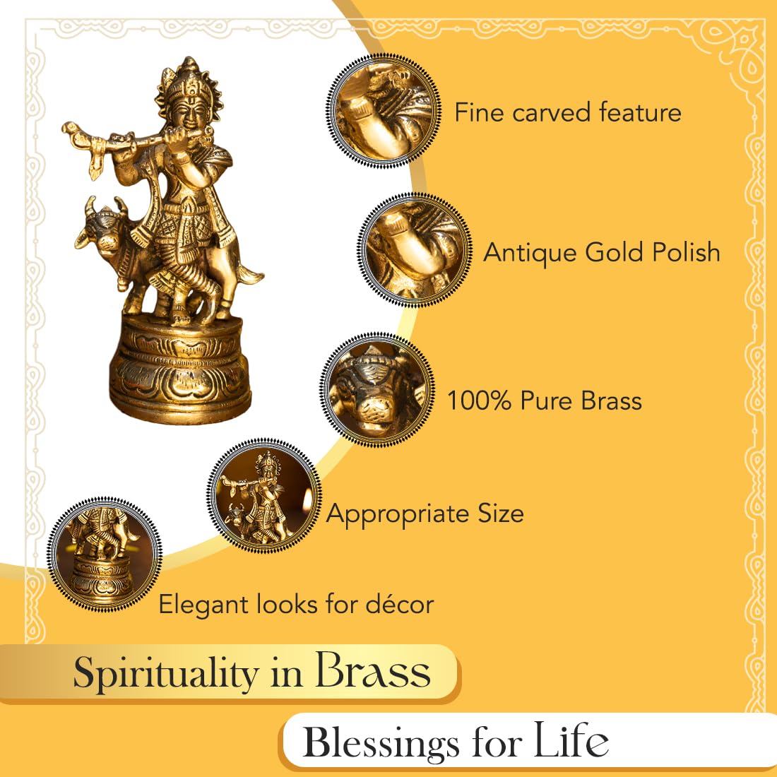 Combo: 100% Pure Brass Lord Krishna Idol with Flute & Tealight Holder | 12.8 cm | For Home Decor | Gold