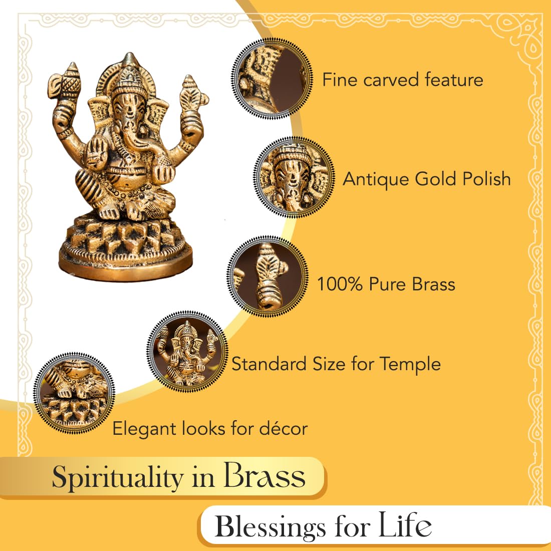 Ekhasa 100% Pure Brass Ganesha Idol & Tealight Candle Holder (Size: 8.4 cm) | Pital Ganesh Murti for Pooja Room, Home Decor, Office Desk, Car Dashboard | Vinayagar Statue for Diwali Puja (Combo Set)