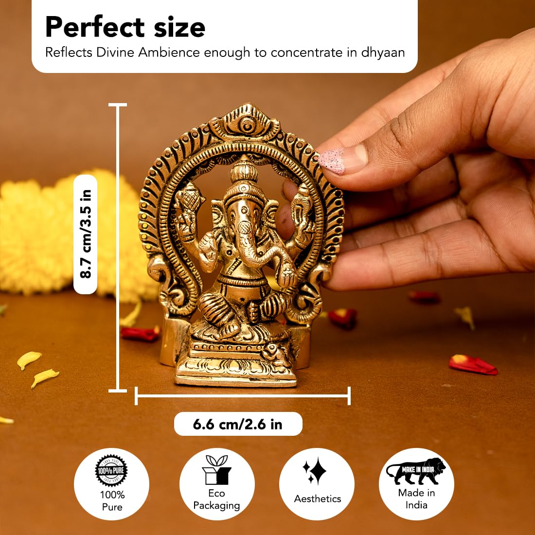 Brass Ganesha Idol - 100% Pure, Polished Finish for Pooja & Home Decor | 8.7 cm | Traditional Gold