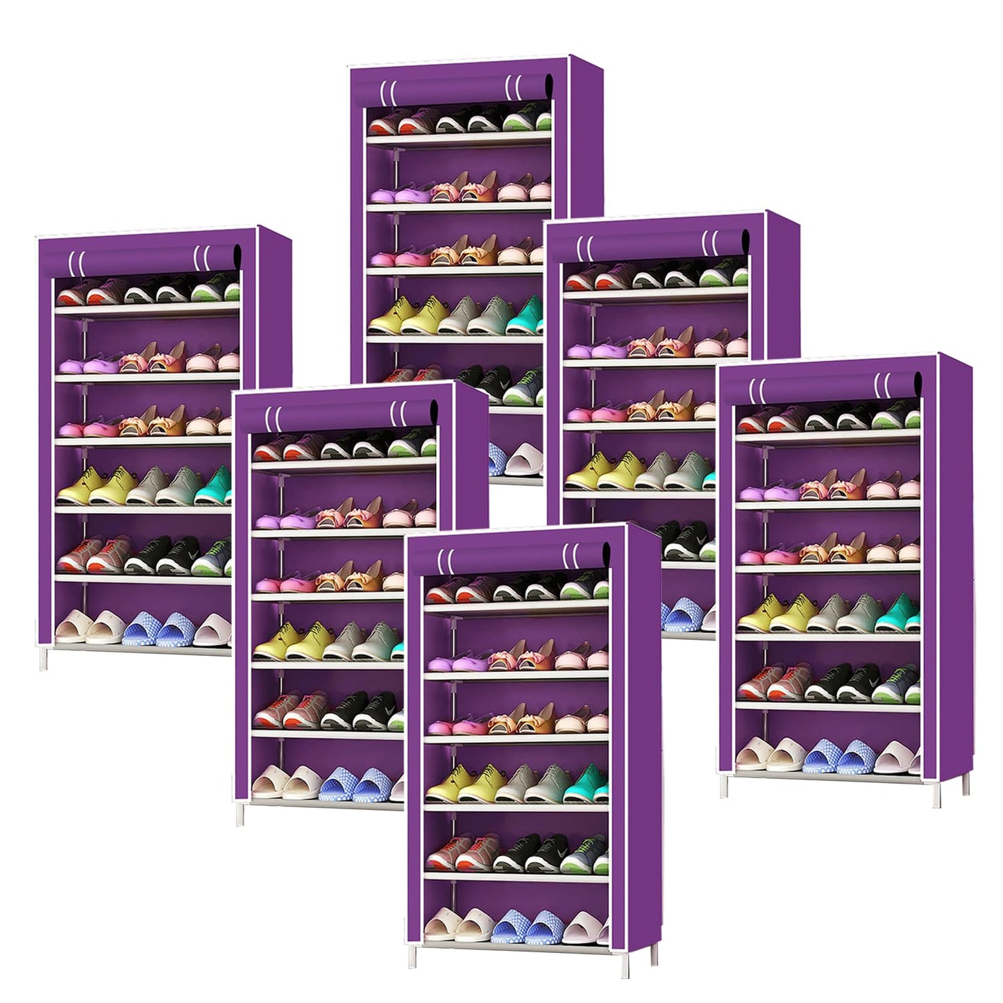 Pack of 6: Foldable Non-Woven Shoe Rack with 6 Shelves | Ideal for Shoes & Books | Purple