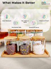 The Better Home Zenith Series Borosilicate Glass Jar With Wooden Lid (7Pcs - 850ml & 350ml)|Borosilicate Glass Container|Storage Set|Airtight Glass Container | Spice Jars For Kitchen (Golden Print)
