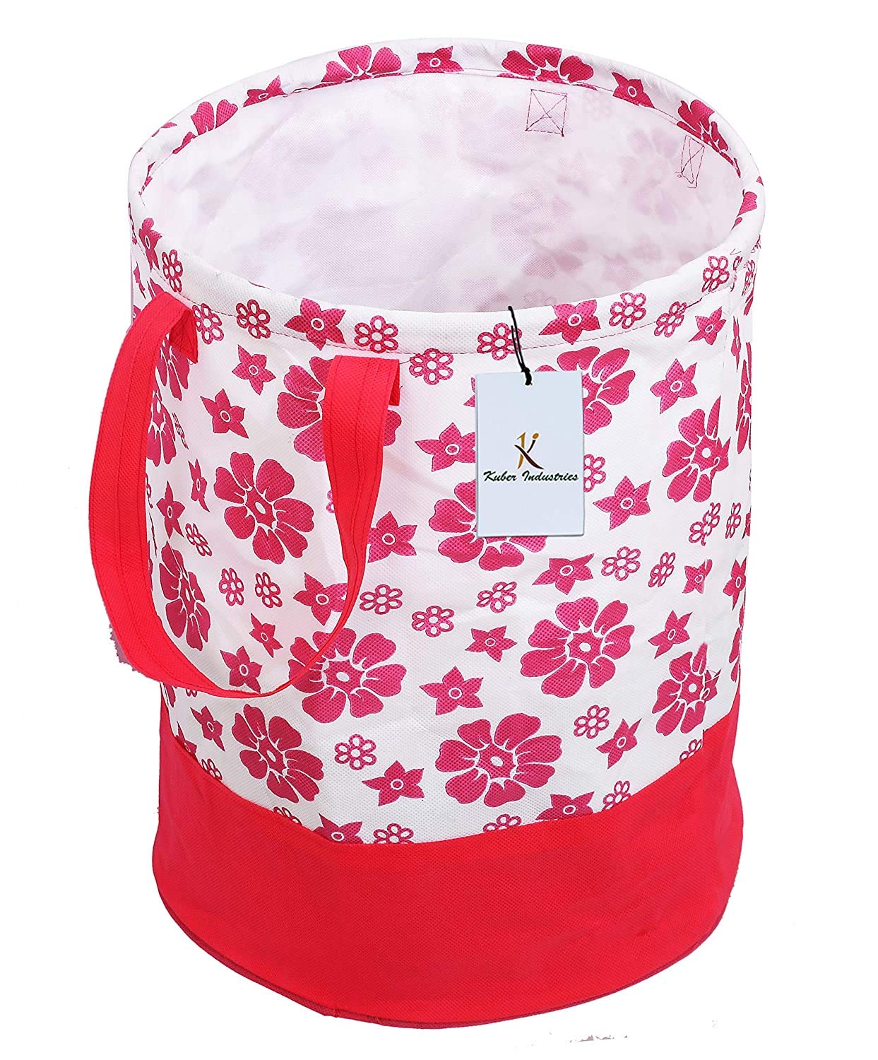 Kuber Industries Flower Printed Waterproof Canvas Laundry Bag, Toy Storage, Laundry Basket Organizer 45 L (Pink) -KUBMART2743