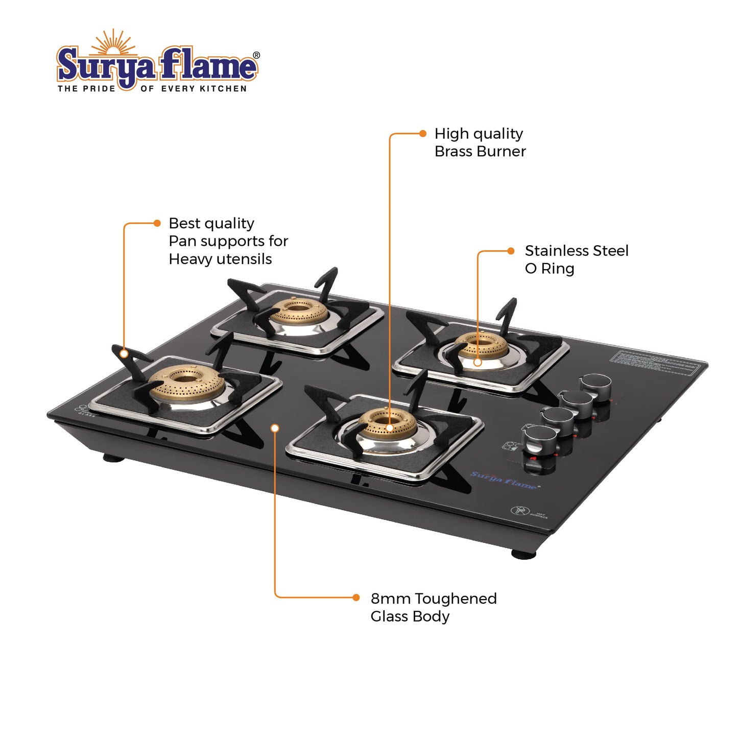 Surya Flame Apollo LPG Gas Stove - Square 4B, Stainless Steel | 10.5kg | Black | Gas Powered