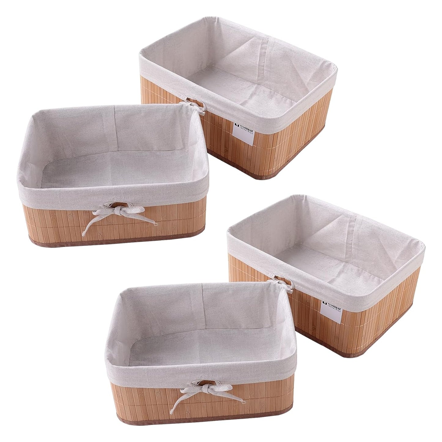 Kuber Industries Pack of 4 Bamboo Storage Basket With Liner|Fodable Storage Organizer|Box For Cloth, Toiletry, Bathroom|Capacity 17L, 10.6L|Natural|