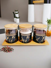 The Better Home Zenith Series Borosilicate Glass Jar With Wooden Lid (3Pcs - 850ml each)|Borosilicate Glass Container|Storage Set | Airtight Glass Container | Spice Jars For Kitchen (Black Printed)